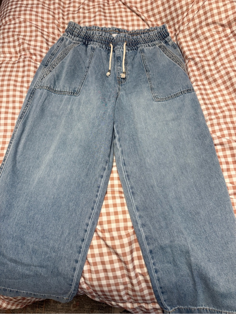 Light Blue Drawstring Denim Wide Leg Jeans